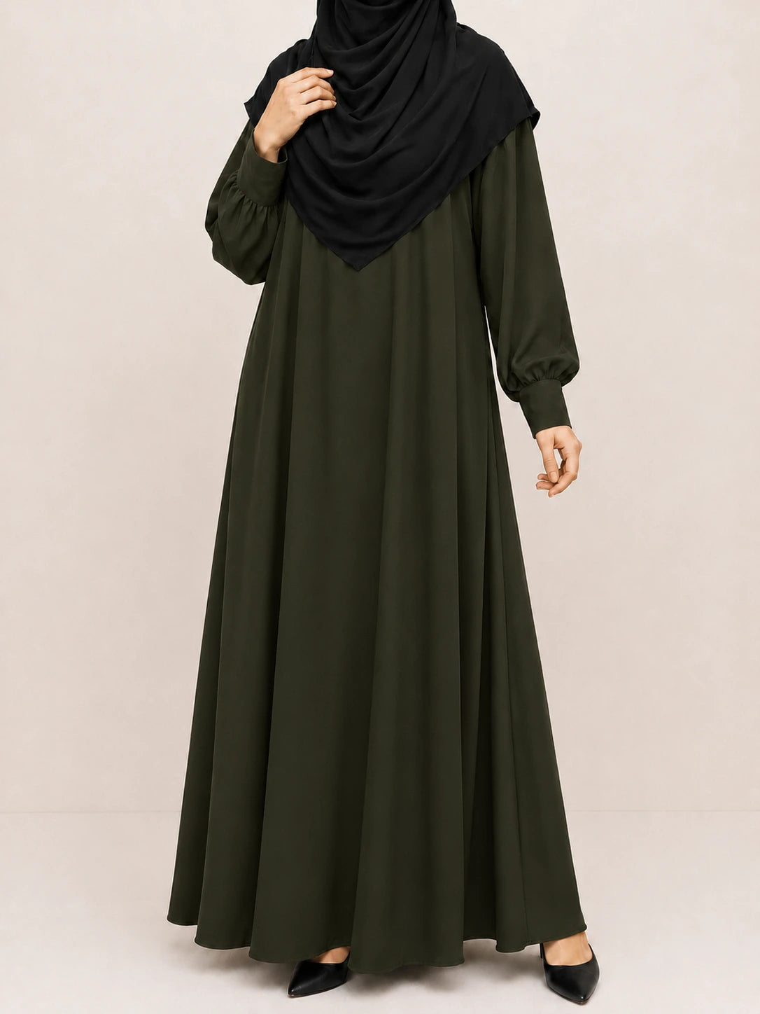 Olive Basic Abaya With Cuff Sleeves