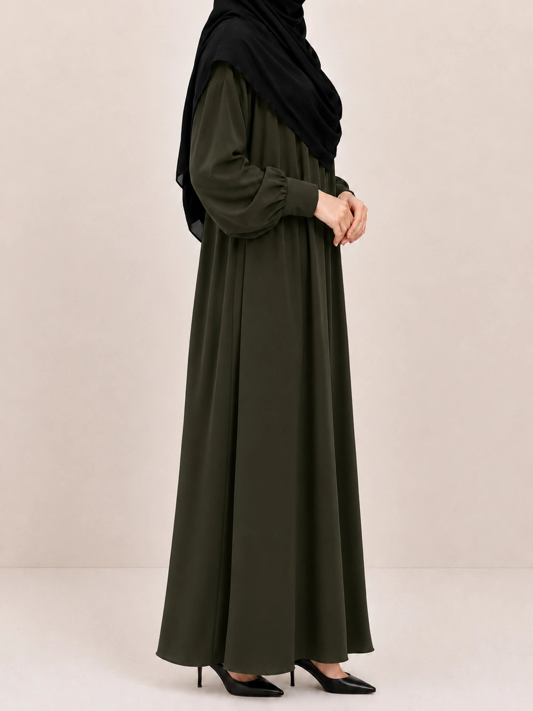 Olive Basic Abaya With Cuff Sleeves