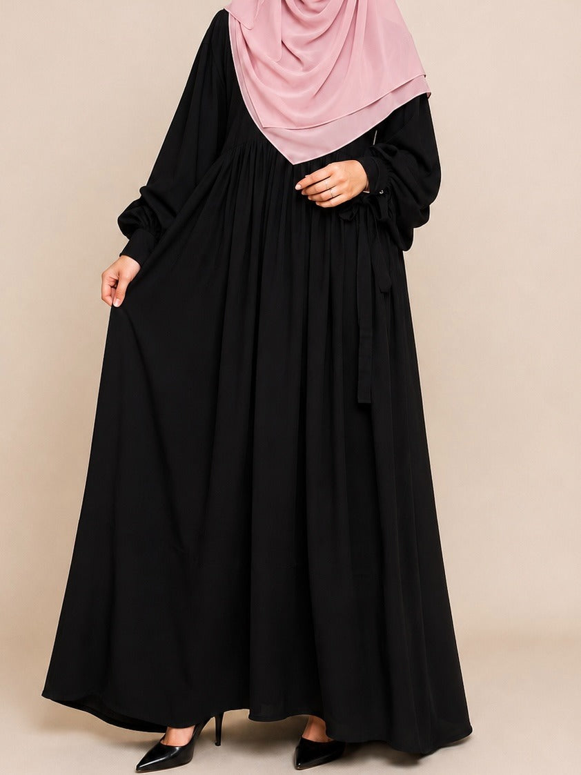 Black Frills Abaya With Baggy Sleeves And Ribbons