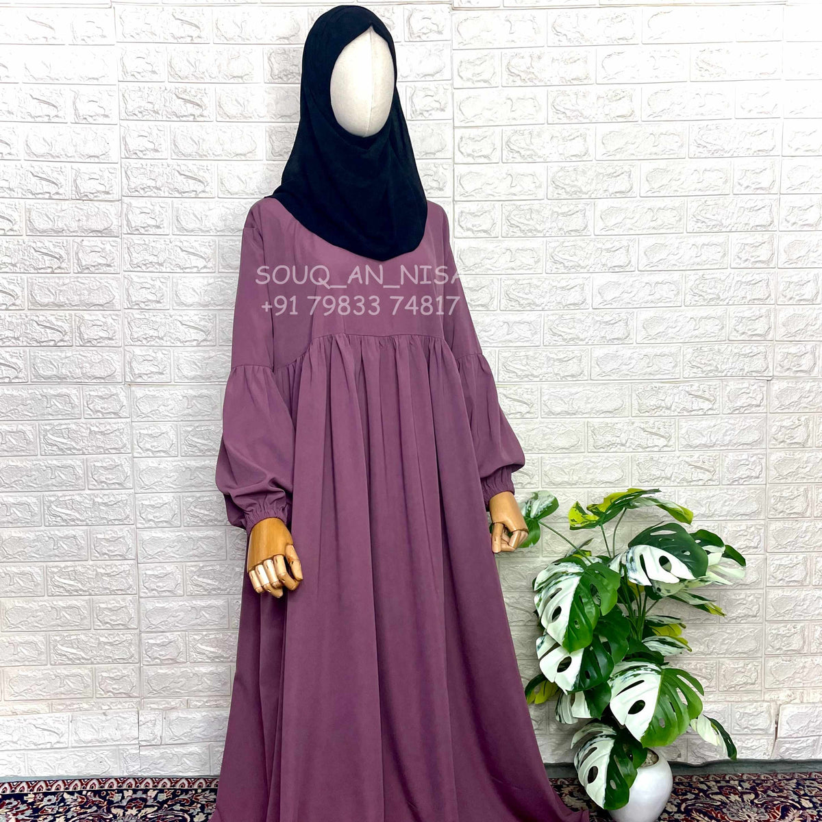 Dusty Mauve Frills Abaya With Pleated Sleeves