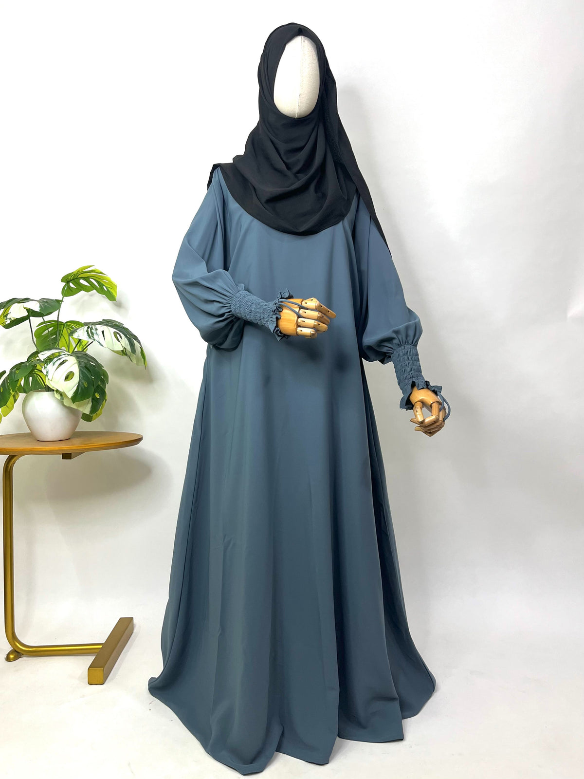 Grey Aline Abaya With Smocking Sleeves