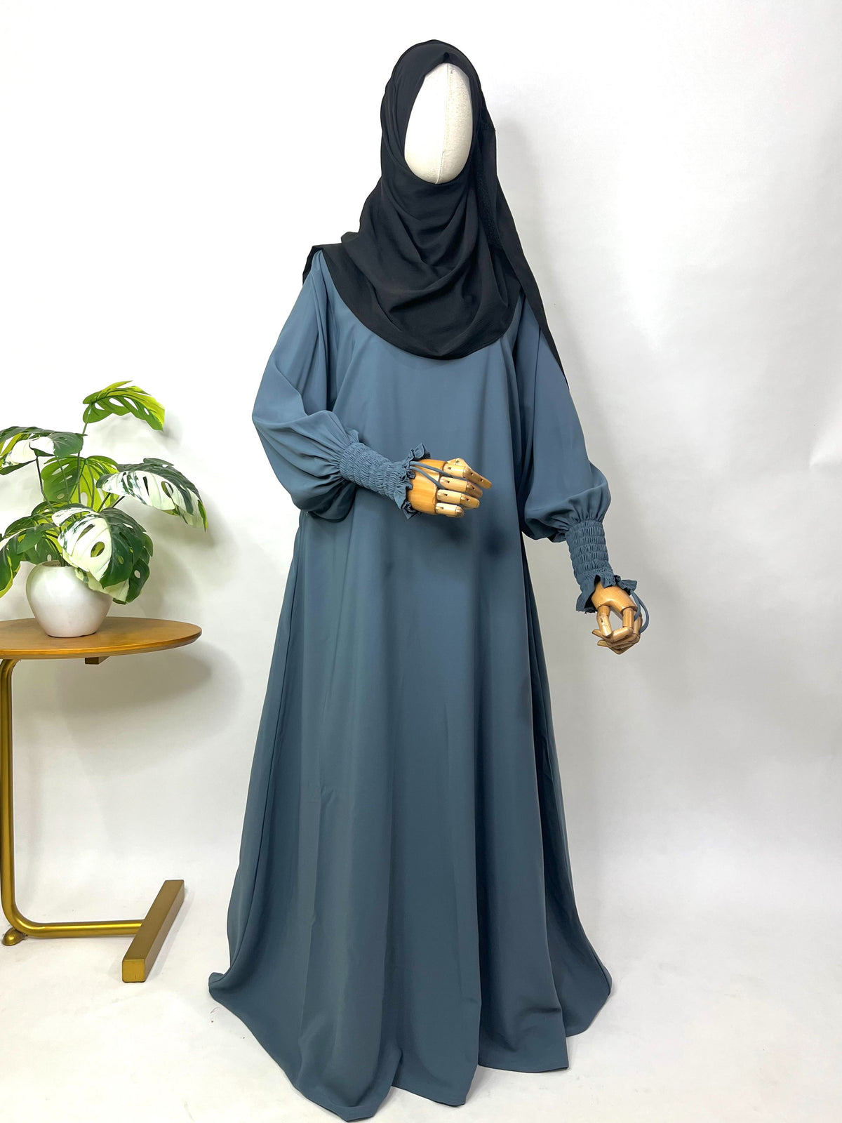 Grey Basic Abaya With Smocking Sleeves