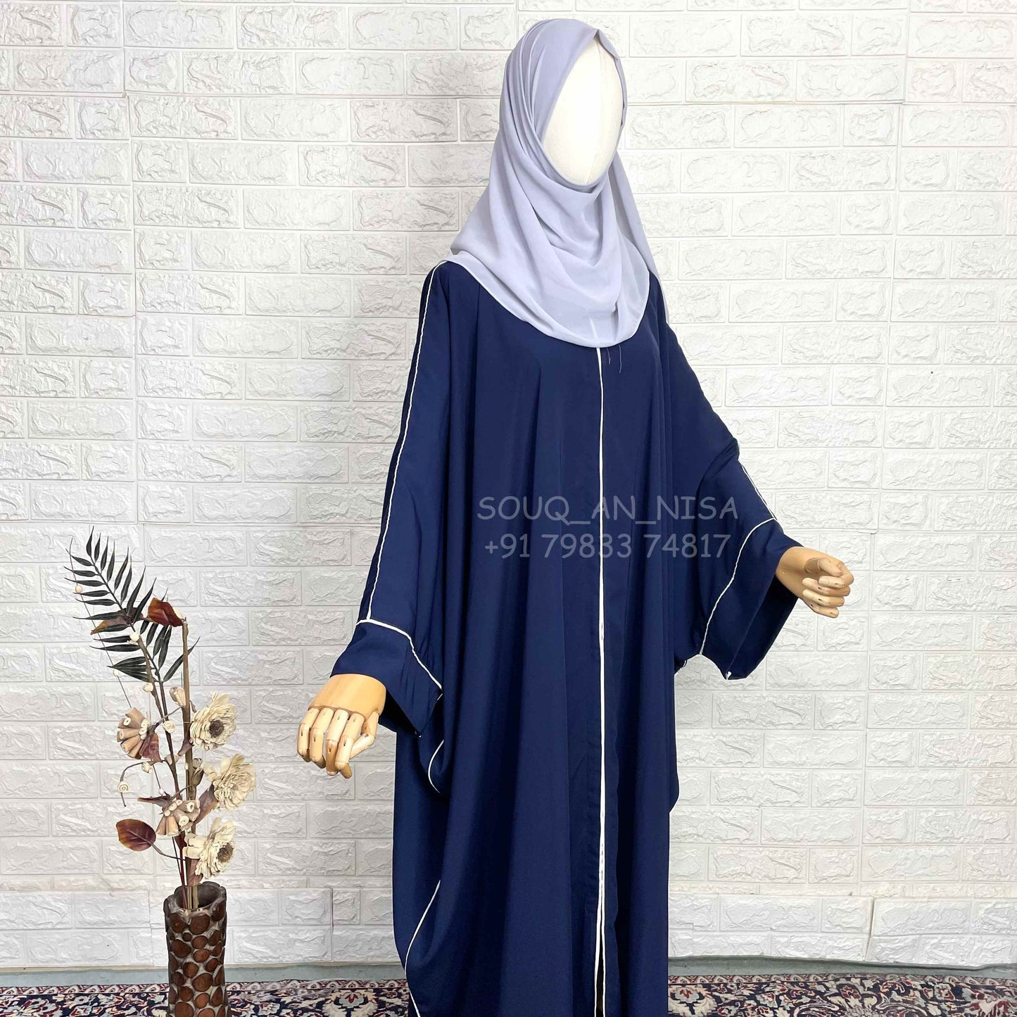 Navy Blue Kaftan Abaya With White Piping