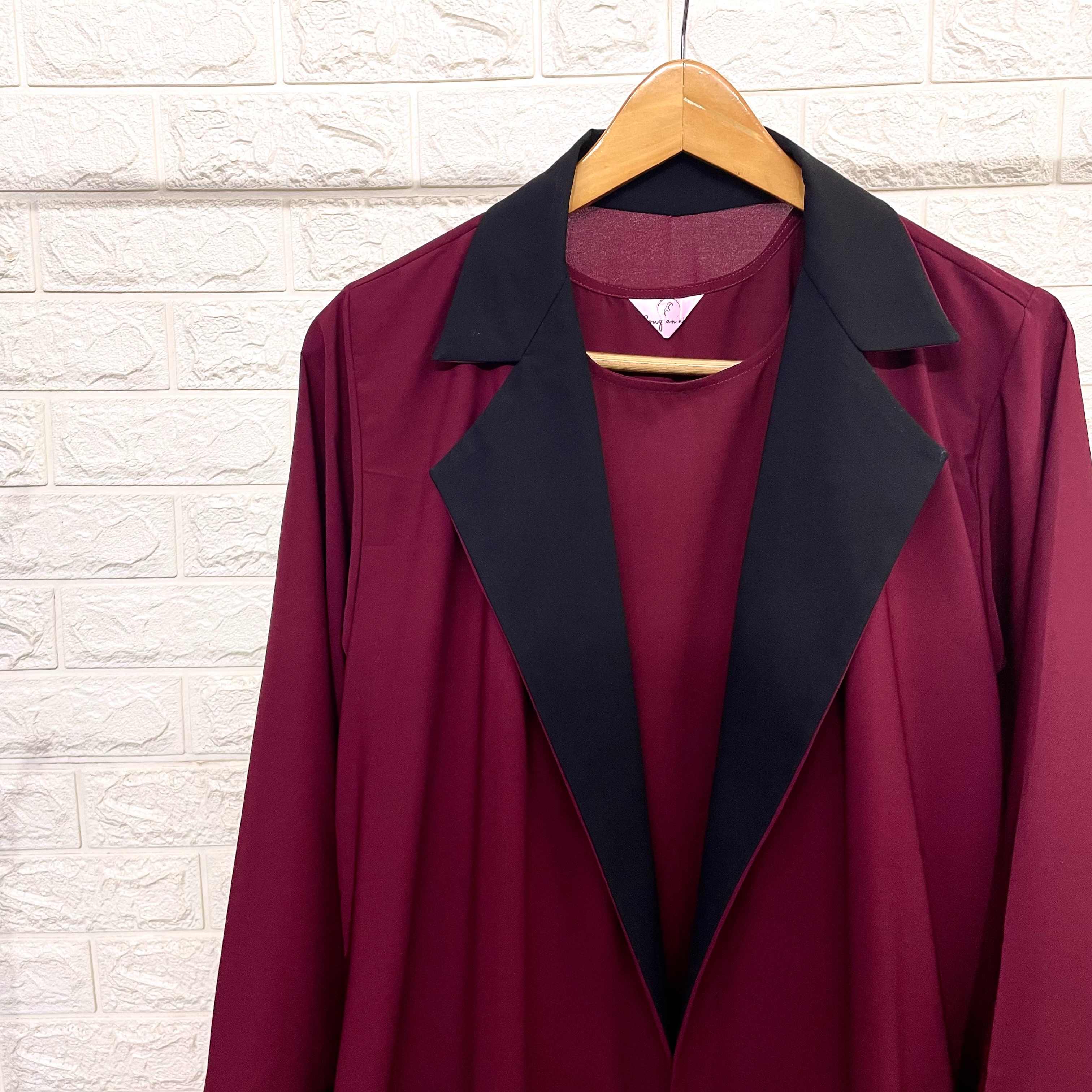 Maroon Coat Abaya With Black Contrast