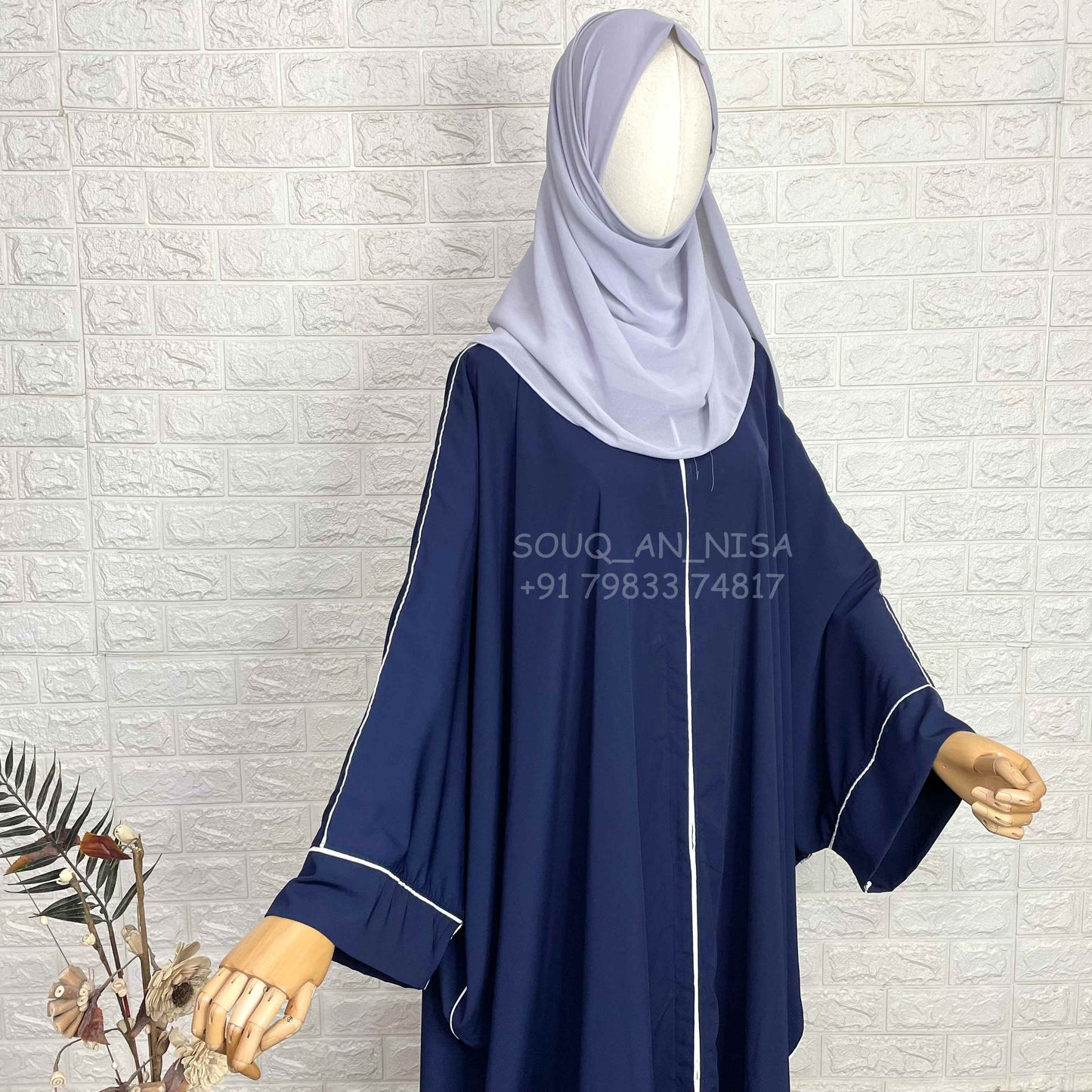 Navy Blue Kaftan Abaya With White Piping