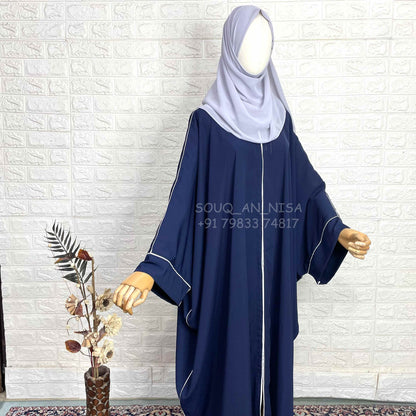 Navy Blue Kaftan Abaya With White Piping