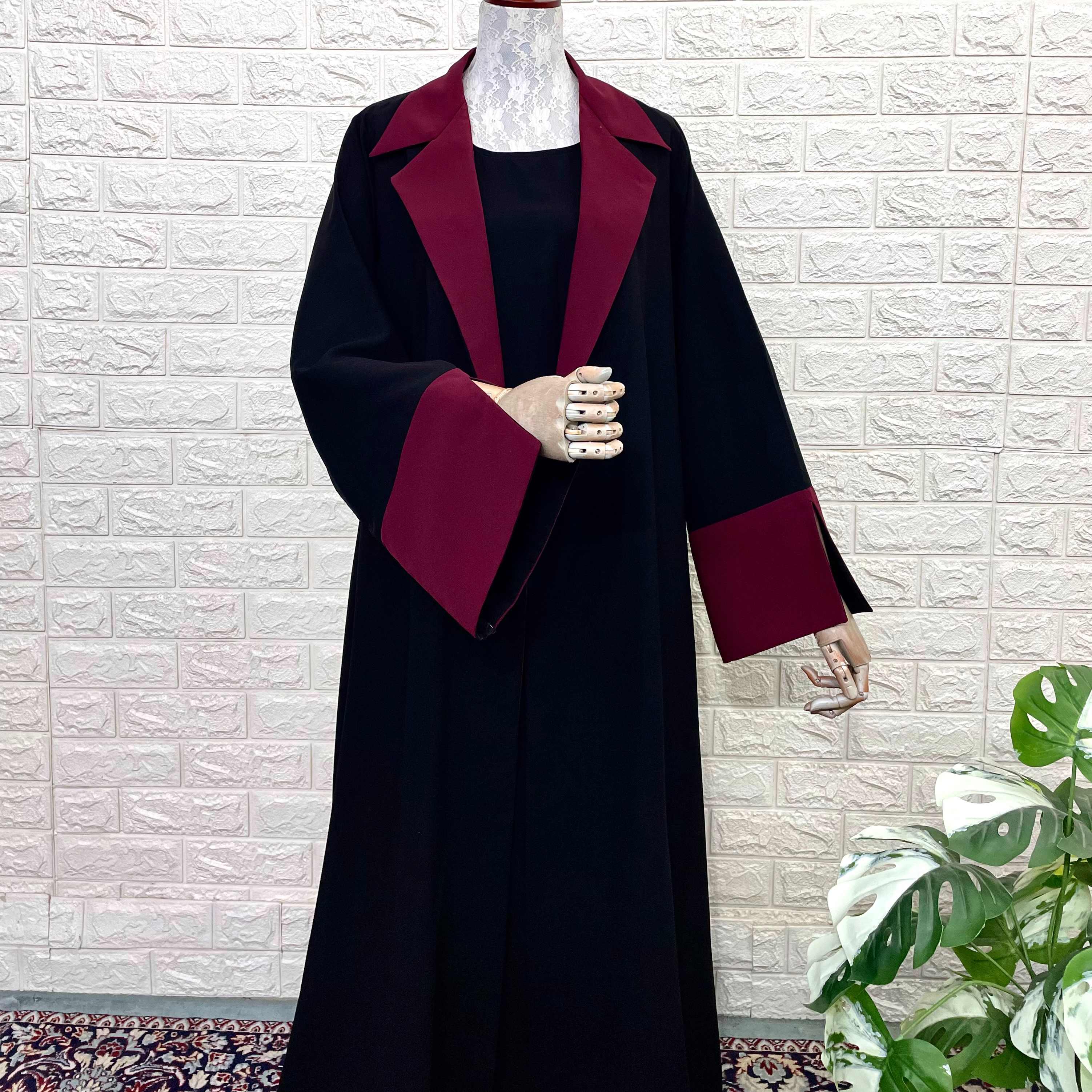 Black Coat Abaya With Maroon Contrast
