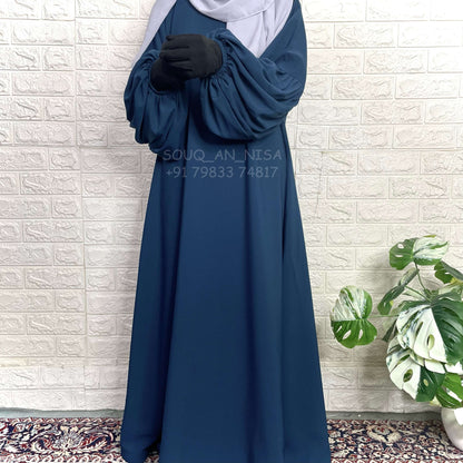 Crystal Blue A-Line Abaya With Pleated Sleeves