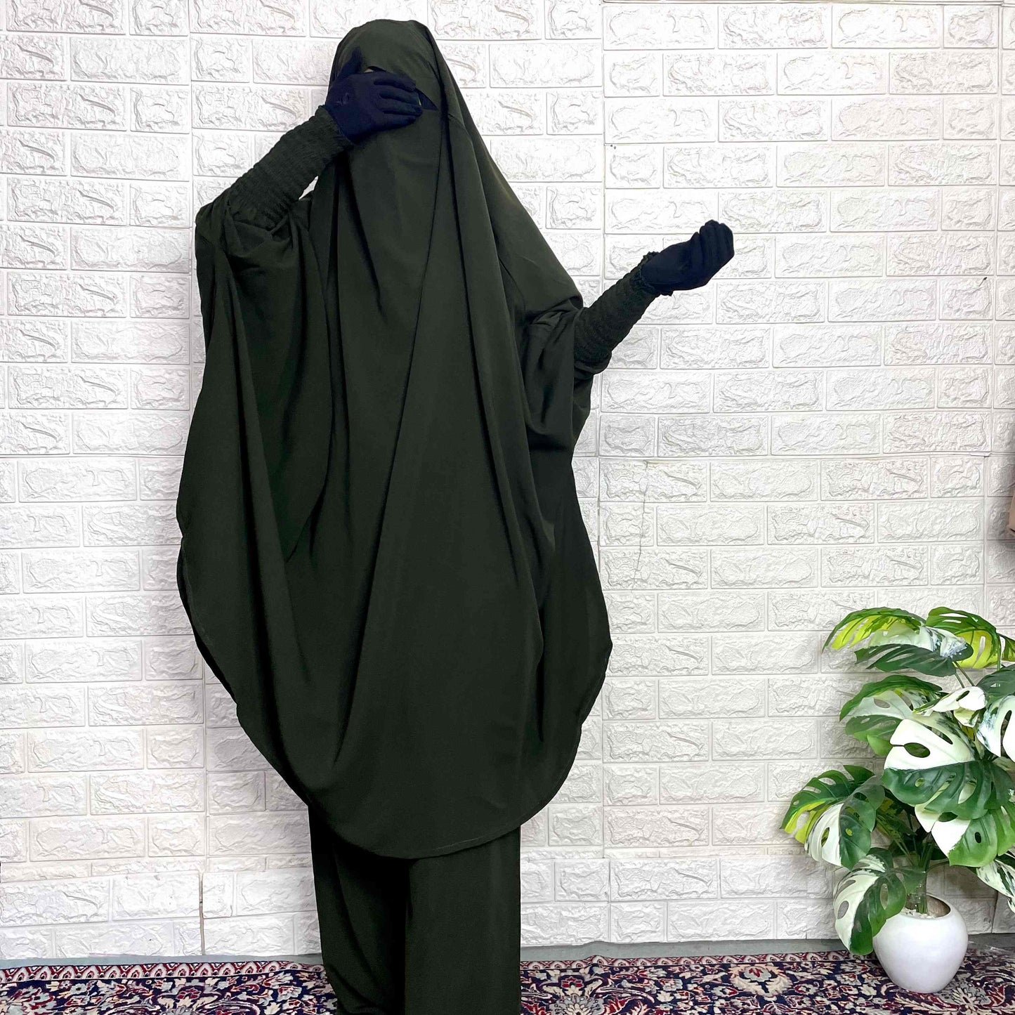 Olive Green Smocking Sleeves Two Piece Jilbab