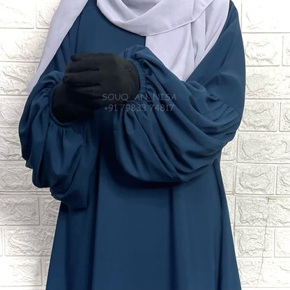 Crystal Blue A-Line Abaya With Pleated Sleeves