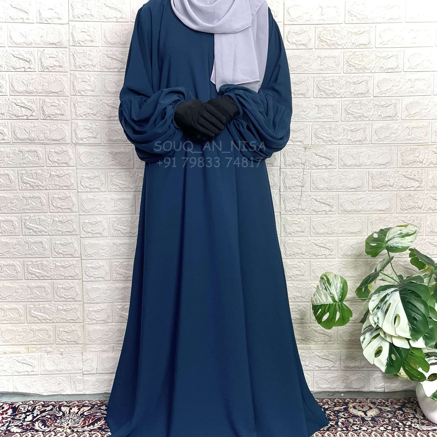 Crystal Blue A-Line Abaya With Pleated Sleeves