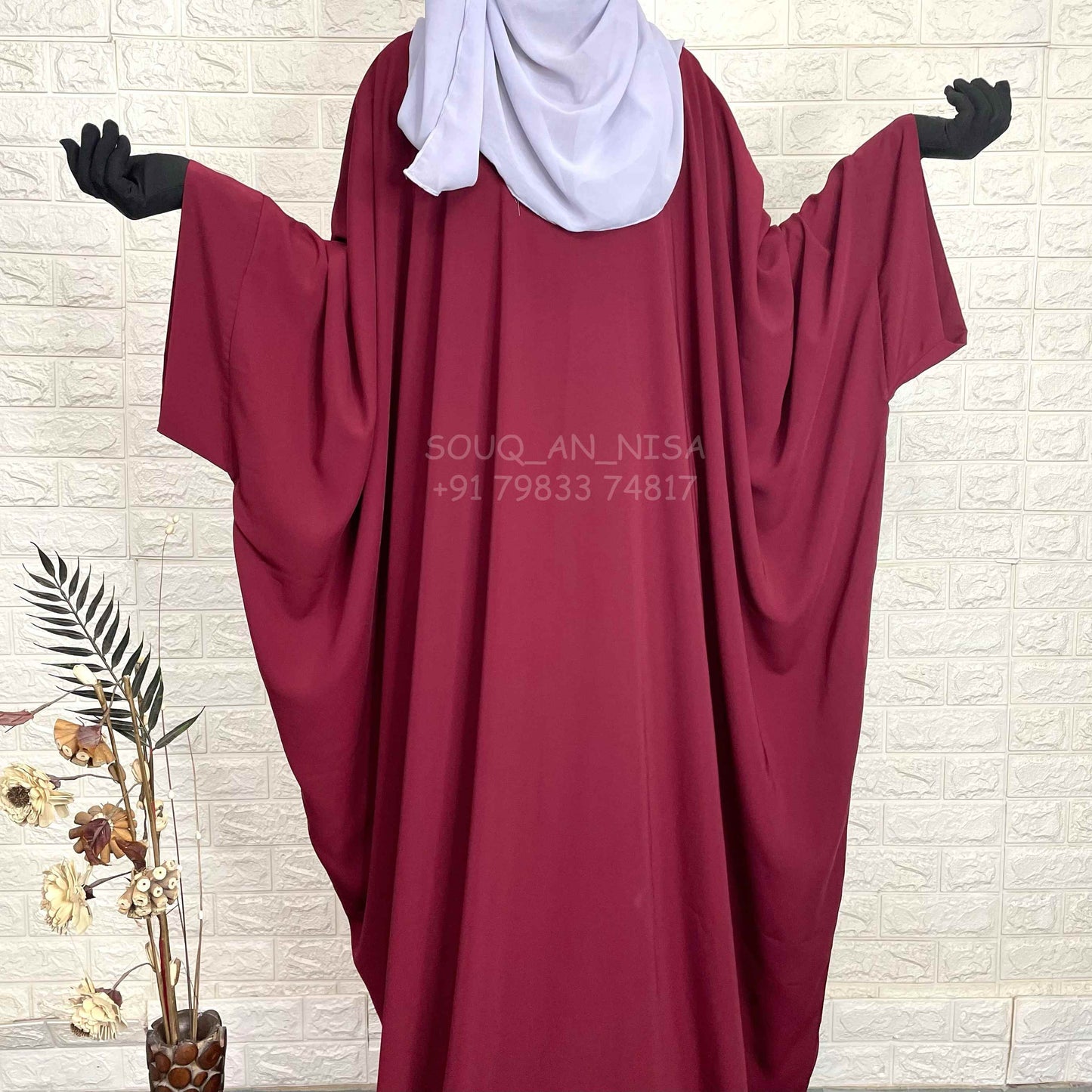 Maroon Kaftan Abaya With Broad Sleeves