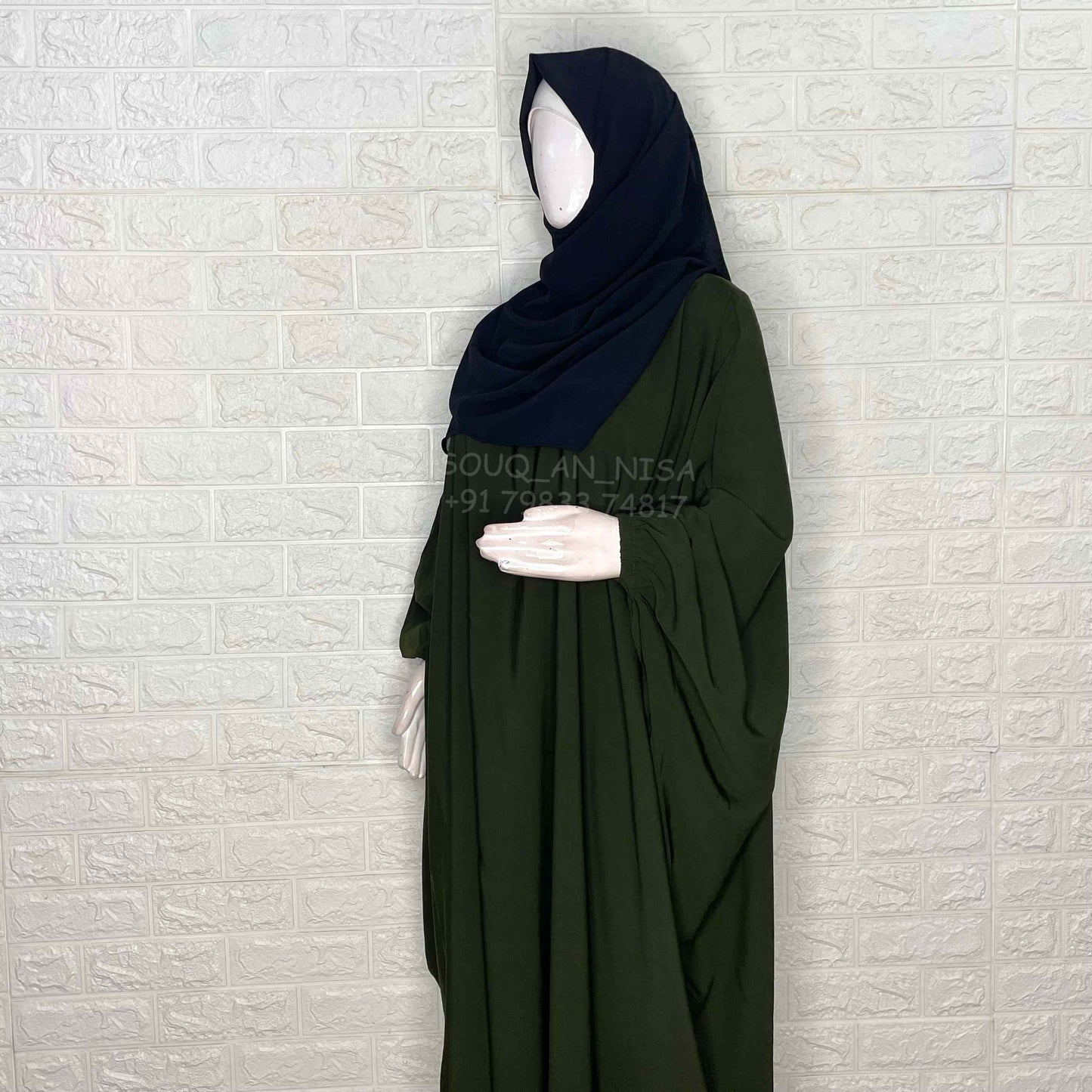 Olive Kaftan Abaya With Elastic Sleeves