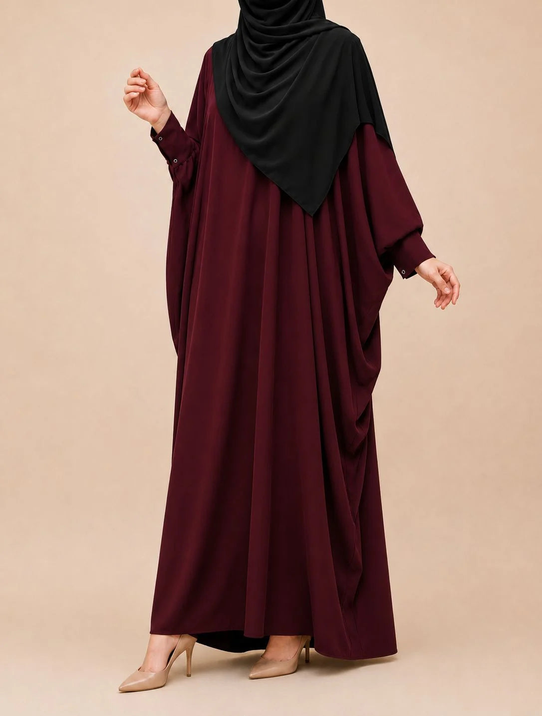 Maroon Kaftan Abaya With Cuff Buttons