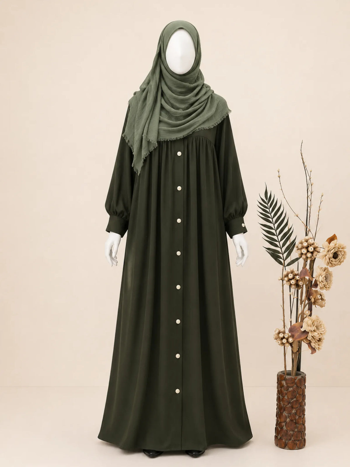 Olive Buttoned Abaya