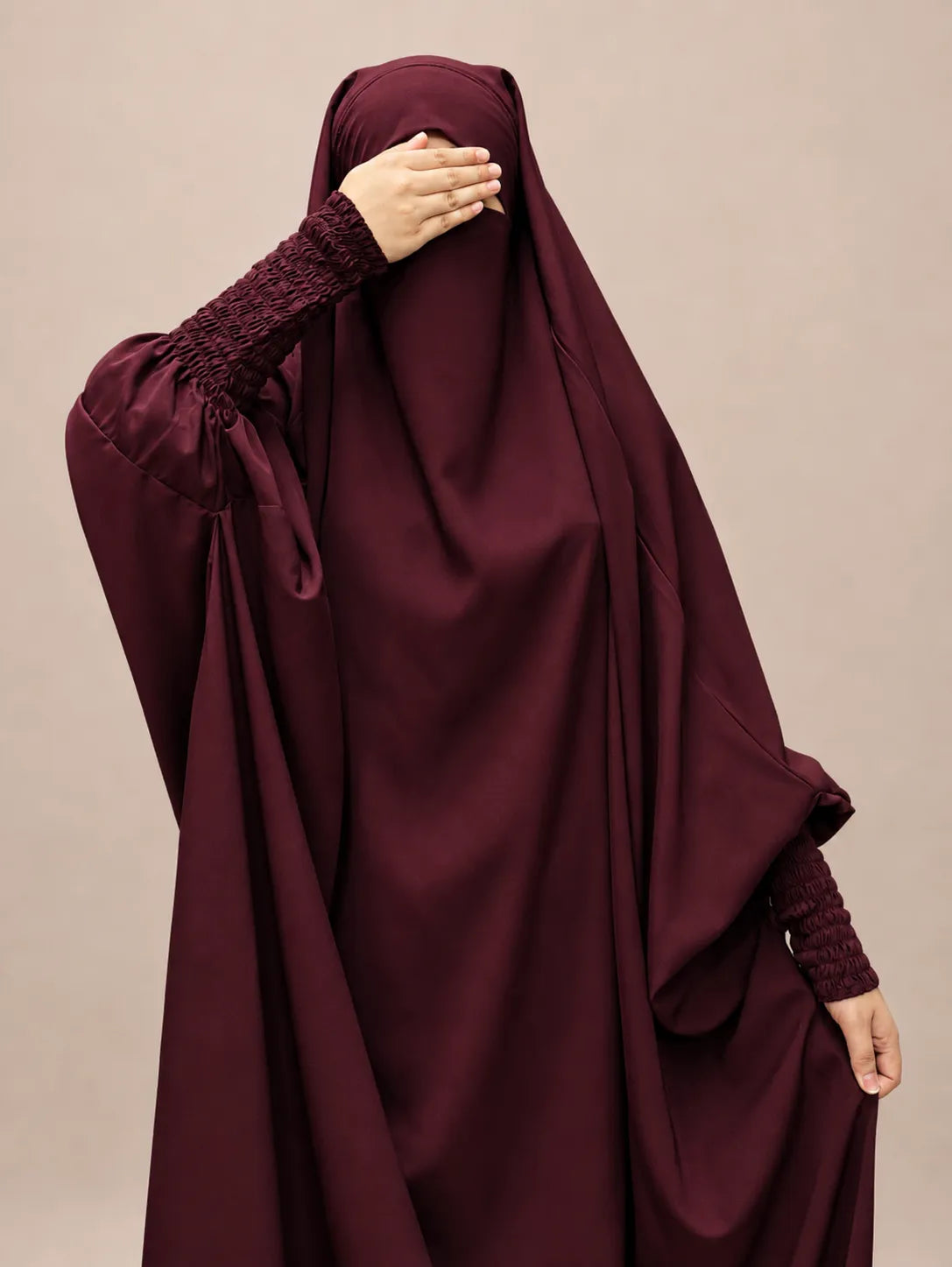 Maroon Jilbab With Smocked Sleeves