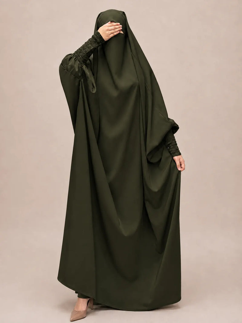 Olive Jilbab With Smocked Sleeves