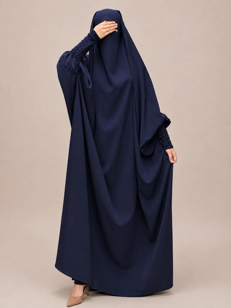 Navy Blue Jilbab With Smocked Sleeves