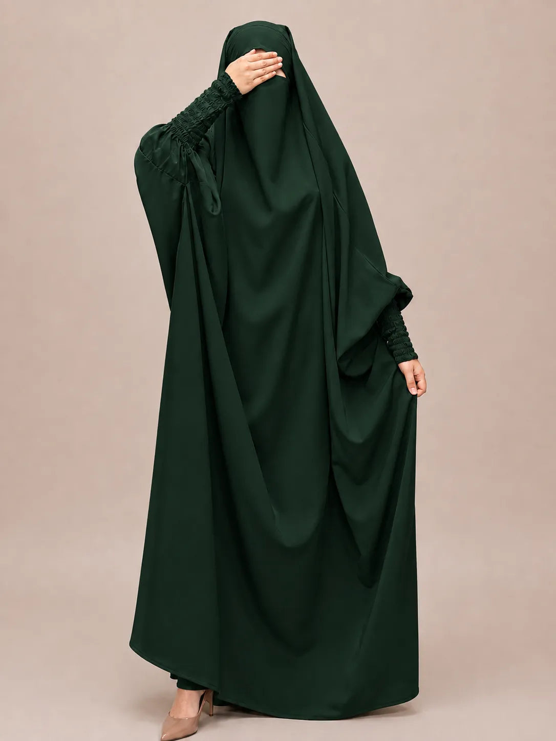 Hunter Green Jilbab With Smocked Sleeves