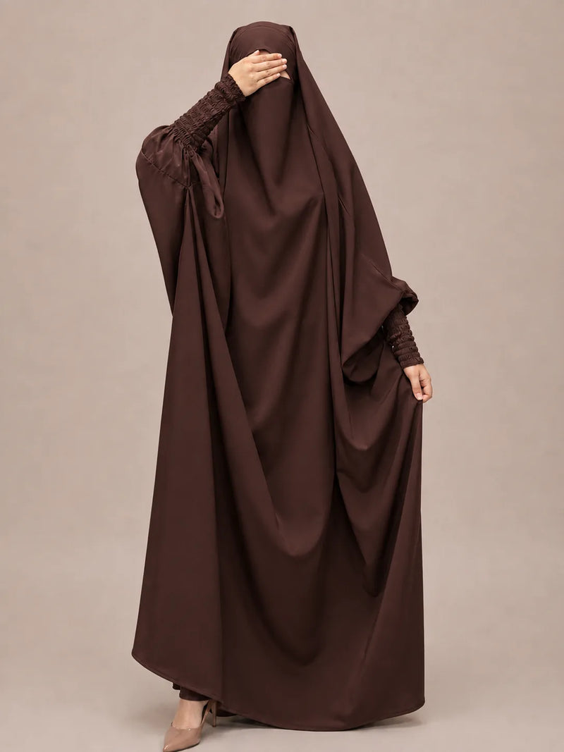 Brown Jilbab With Smocked Sleeves