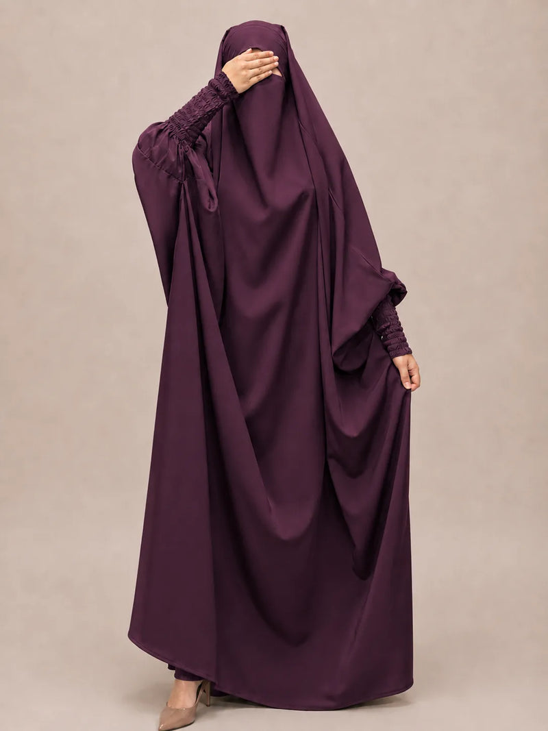 Plum Jilbab With Smocked Sleeves