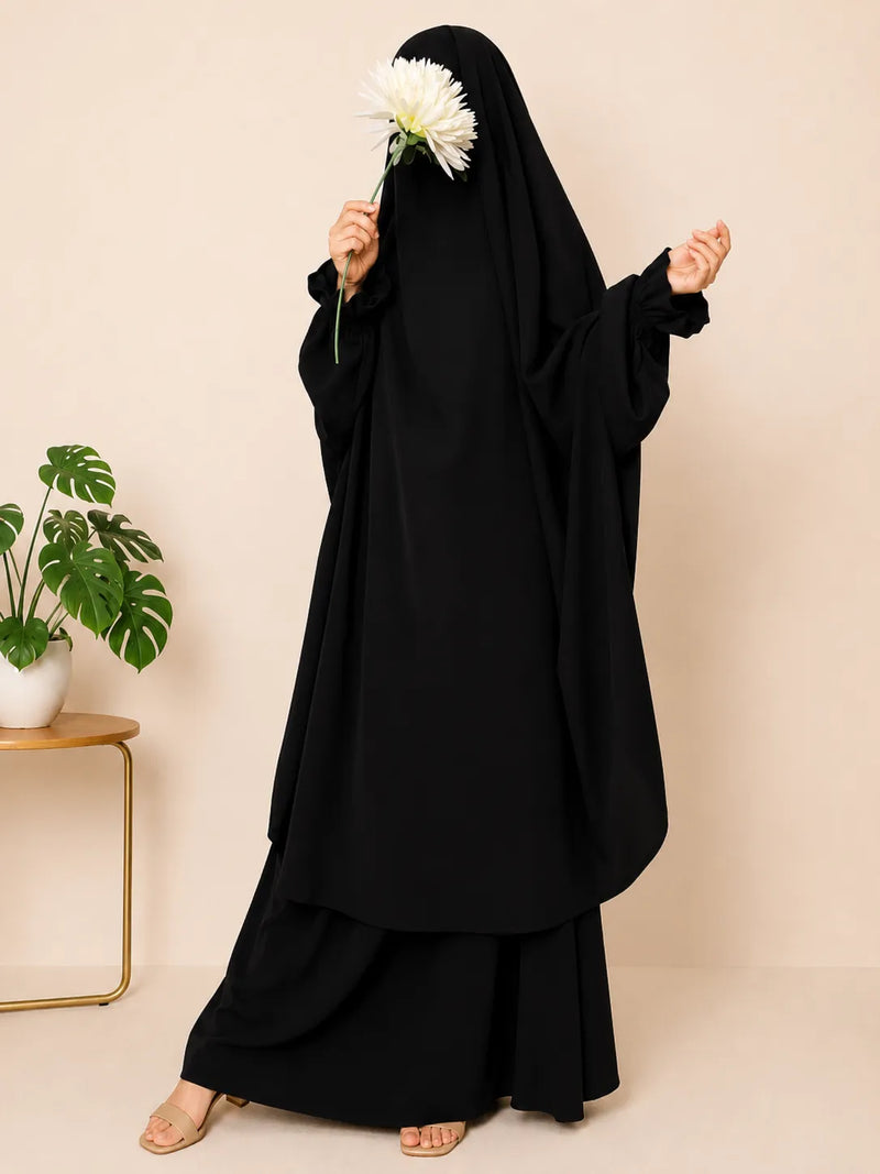 Black Two Pc Jilbab With Flower Sleeves