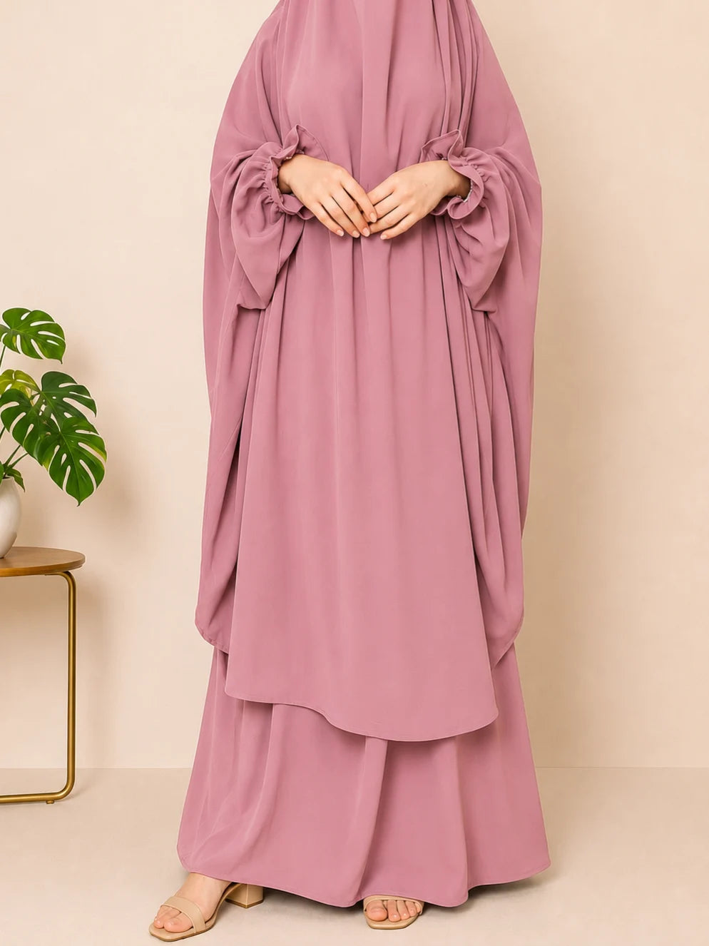 Pastel Pink Two Pc Jilbab With Flower Sleeves