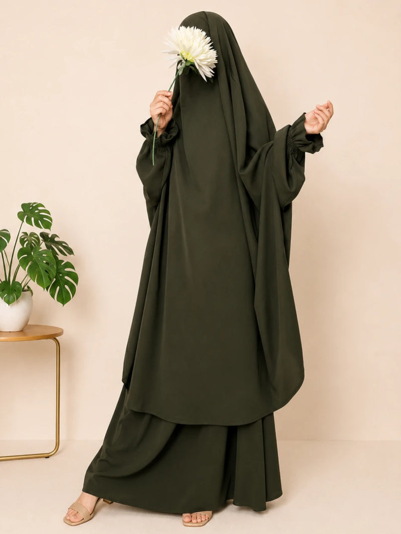 Olive Two Pc Jilbab With Flower Sleeves