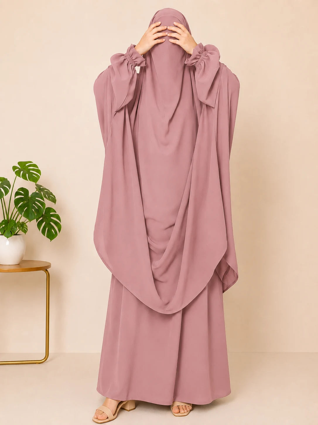 Pastel Pink Two Pc Jilbab With Flower Sleeves