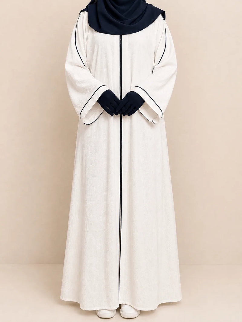 White Front Open Piping Abaya