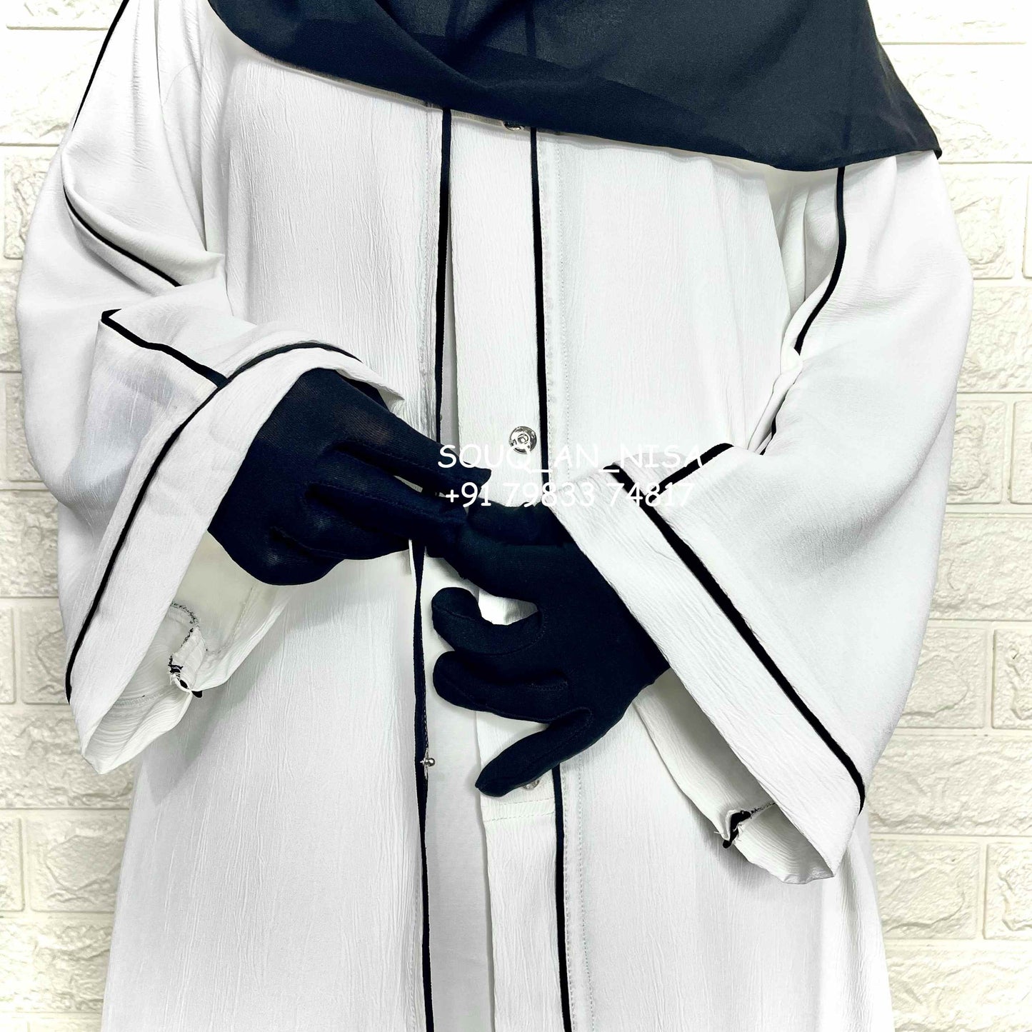 White Front Open Piping Abaya