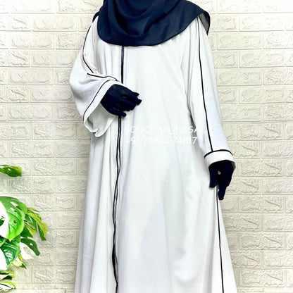 White Front Open Piping Abaya