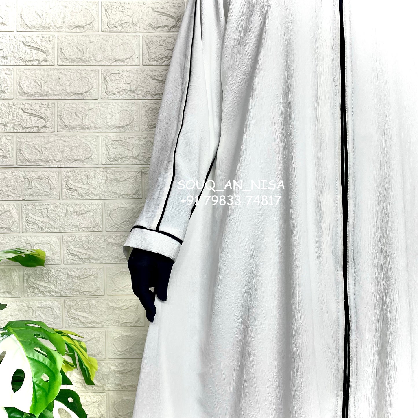 White Front Open Piping Abaya